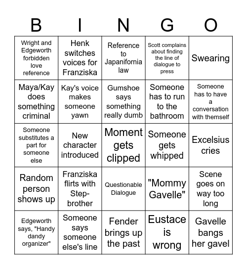 Ace Attorney BINGO Card