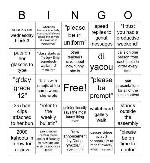dya Bingo Card