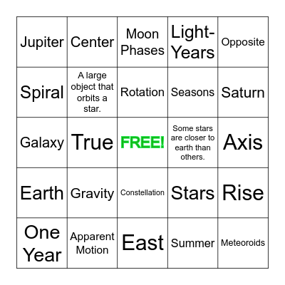Earth and Space Bingo Review Bingo Card