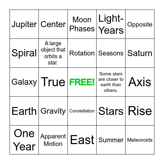 Earth and Space Bingo Review Bingo Card