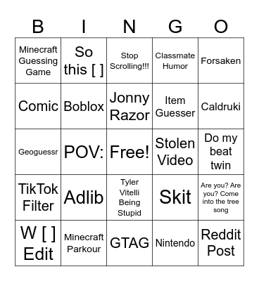 Youtube Shorts Bingo Card