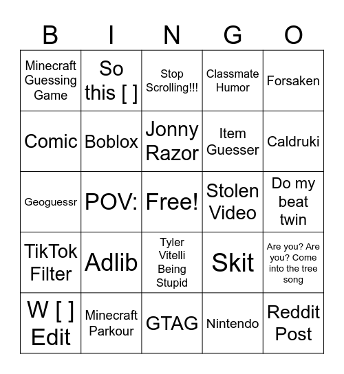 Youtube Shorts Bingo Card