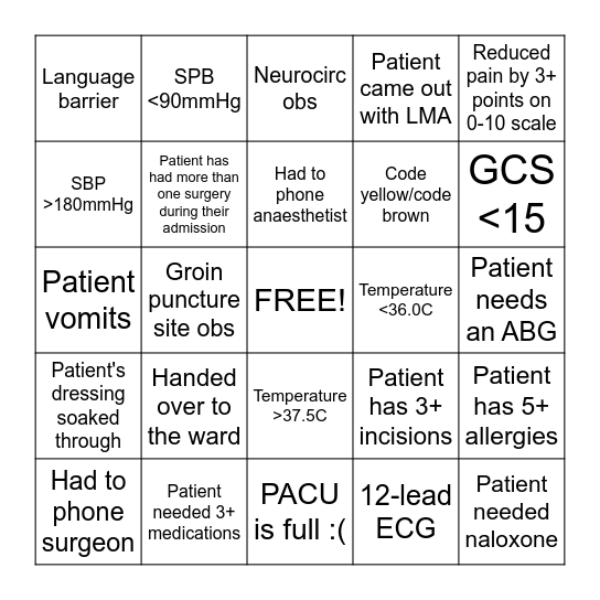 PACU Bingo! Bingo Card
