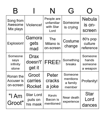 Guardians of the Galaxy Bingo Card
