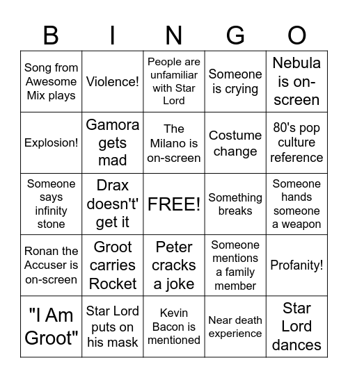 Guardians of the Galaxy Bingo Card