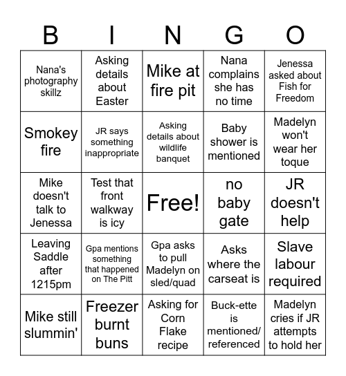 Weiner Roast 03.2026 Bingo Card