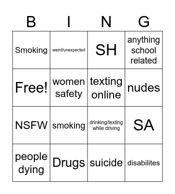 PSA Bingo Card