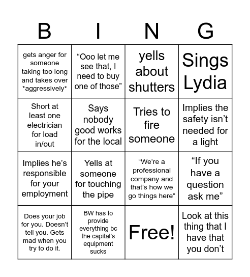 Sleepy Hollow Test Bingo Card