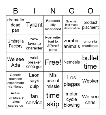 Resident Evil Bingo Card