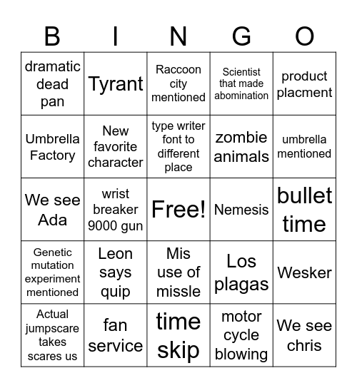 Resident Evil Bingo Card