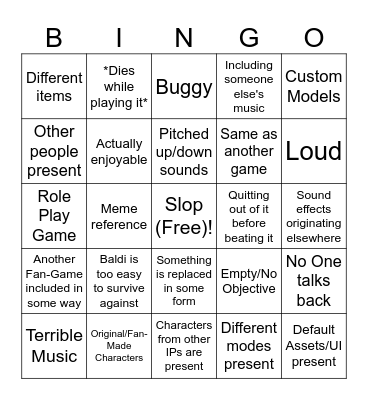 Baldi Roblox Games Bingo Card
