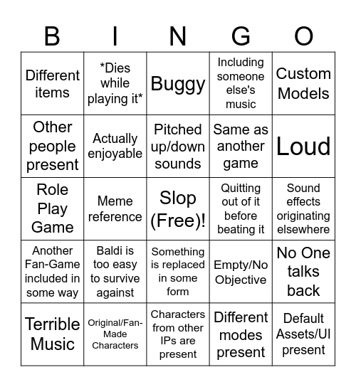 Baldi Roblox Games Bingo Card
