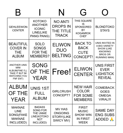 UNIS COMEBACK BINGO Card