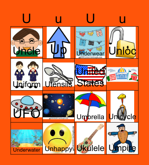 Letter U Bingo Card