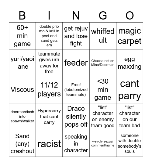 Deadlock Bingo Card