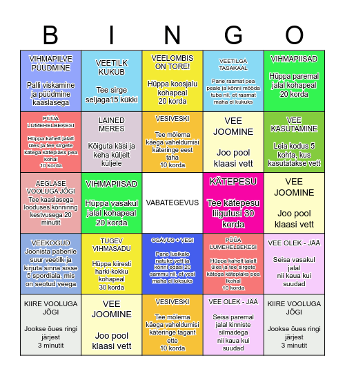 Projektipäev 26. märtsil 2026 VESI                               Kehaline kasvatus Bingo Card