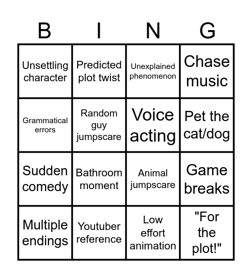 Horror game bingo Card