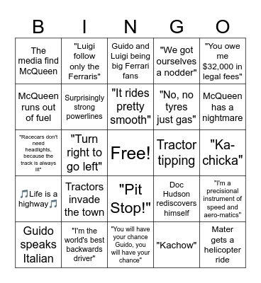 Cars Bingo Card