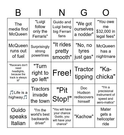 Cars Bingo Card
