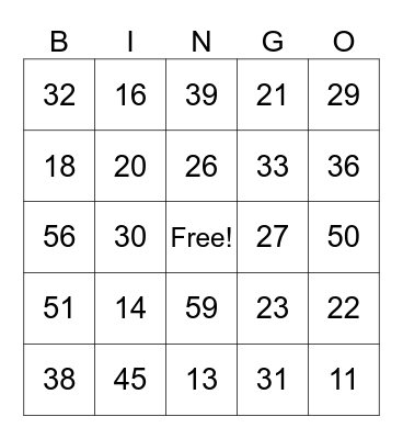 NUMEROS DE 10 A 60 Bingo Card