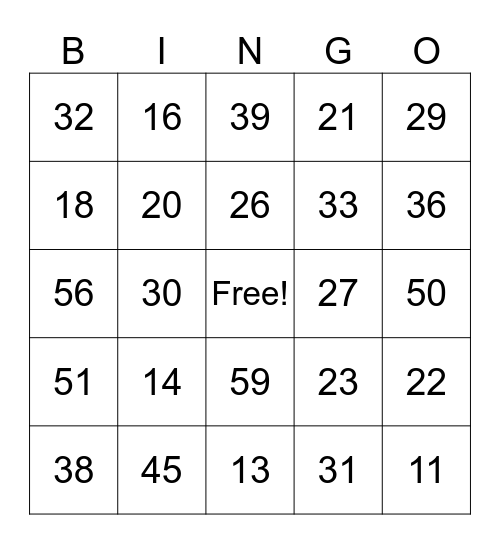NUMEROS DE 10 A 60 Bingo Card