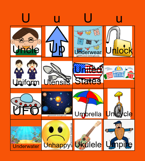 Letter U Bingo Card