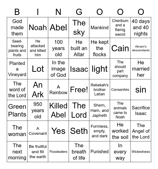 Genesis 1-10 Bingo Card