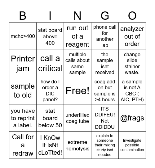 Hematology Bingo Card