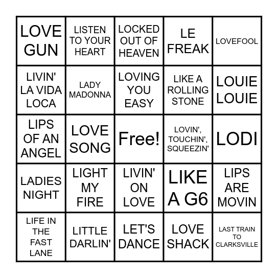 SONGS THAT START WITH L Bingo Card