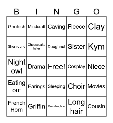Kym's 16 Birthday Bingo Card