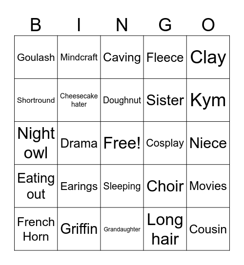 Kym's 16 Birthday Bingo Card