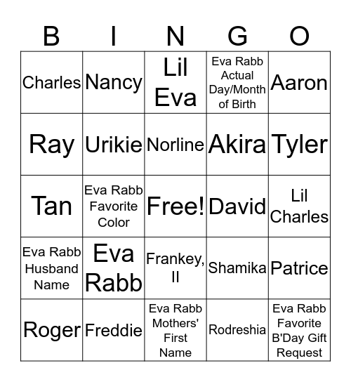 Eva P. Rabb-80th Birthday Bingo Card