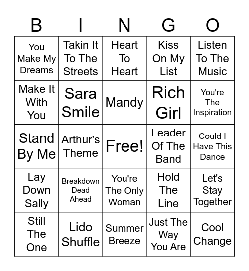 Yacht Rock Bingo Card