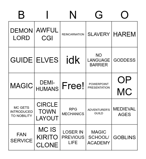 Trash Isekai Bingo Card