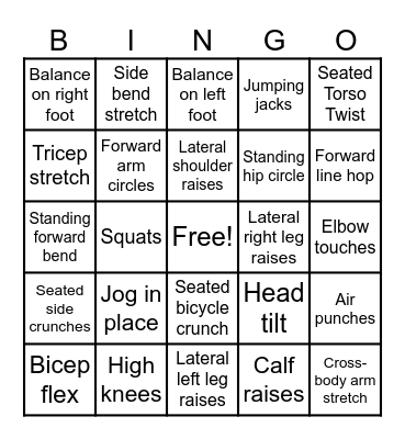 Family Game Night Fitness Bingo Card