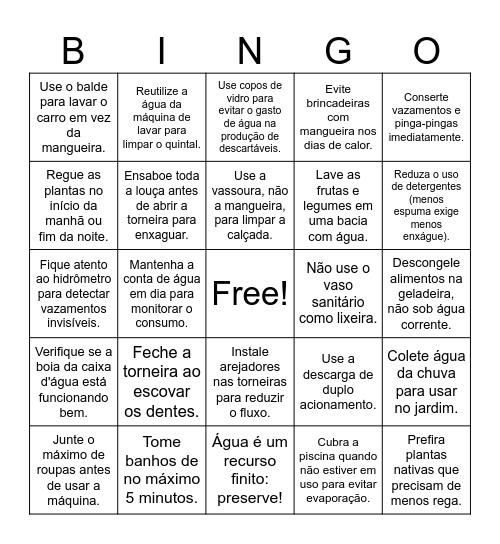 Dia da água Bingo Card