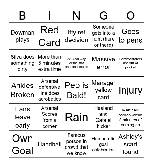 Carabao Cup Bingo Card