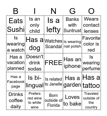 Janelle's Bridal Shower Bingo Card