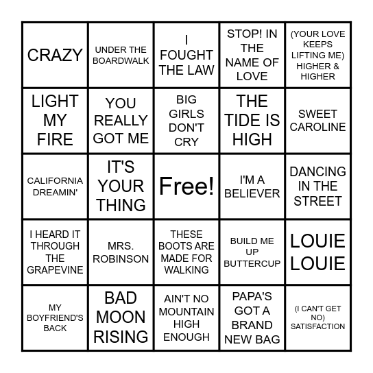 HITS FROM THE 60s #1 Bingo Card
