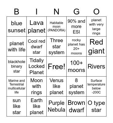 Space engine bingo Card