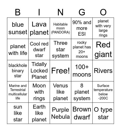 Space engine bingo Card