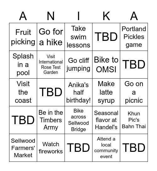 ANIKA CHAD SUMMER 2K26 Bingo Card