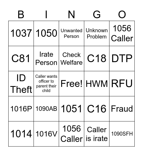 Call Taker Bingo Card