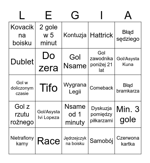 Legia vs Raków Bingo Card