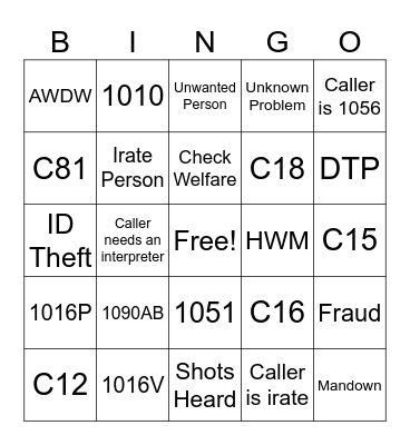 Call Taker Bingo Card