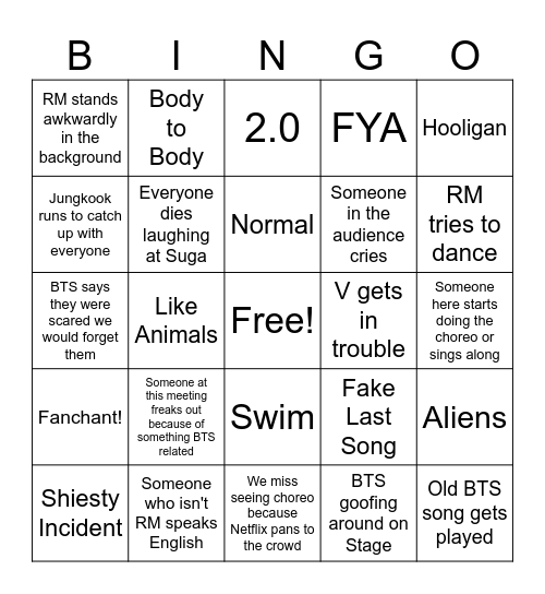 BTS Bingo Card