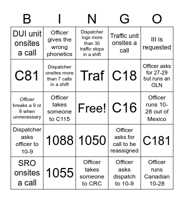 Radio Dispatcher Bingo Card
