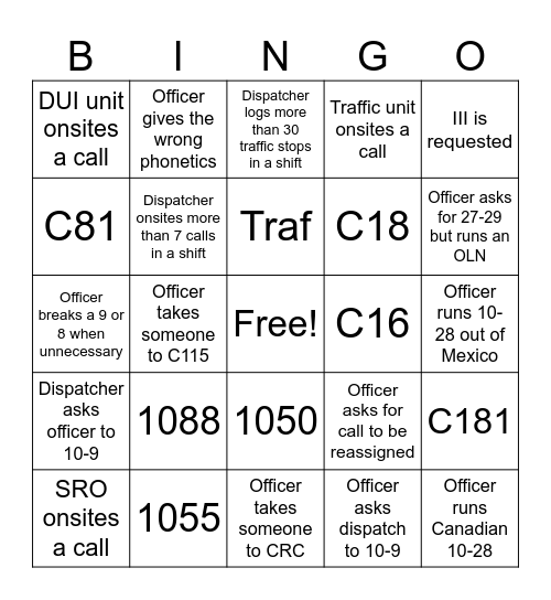 Radio Dispatcher Bingo Card