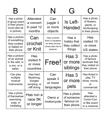 Icebreaker Banter and Discover Bingo Card