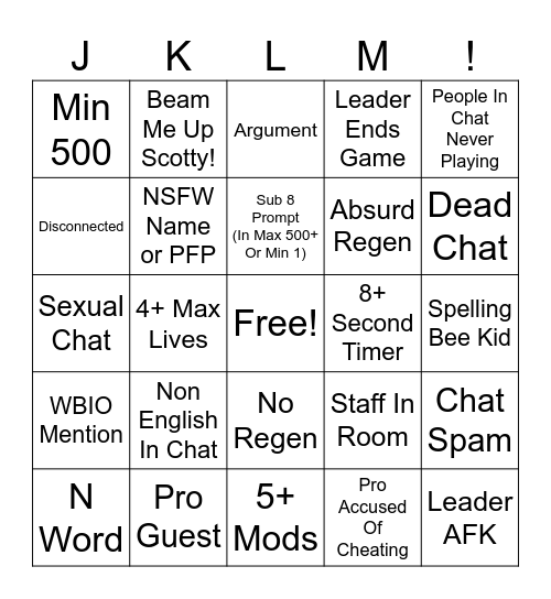 Bomb Party Bingo Card